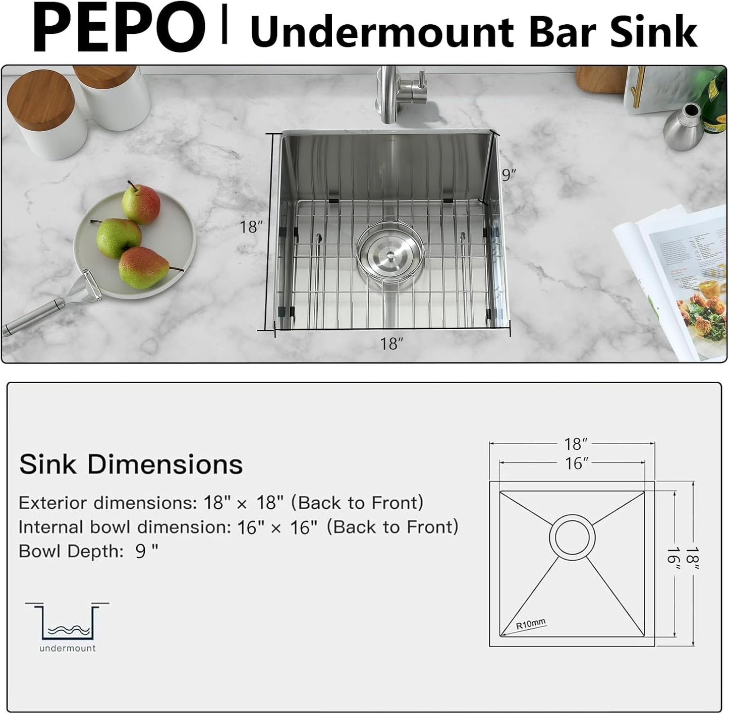 18 Inch Bar Undermount Kitchen Sink - PEPO 18"x18"x9" Undermount Stainless Steel Kitchen Sinks 16 Gauge Single Bowl with Bottom Grid & Drain