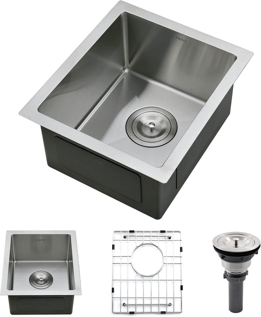 Bar Sink - PEPO 13 x 15 Inch Undermount Kitchen Sink, 16 Gauge Stainless Steel Single Bowl Small Kitchen Sinks, High-end Handmade Square RV, Bar, Outdoor