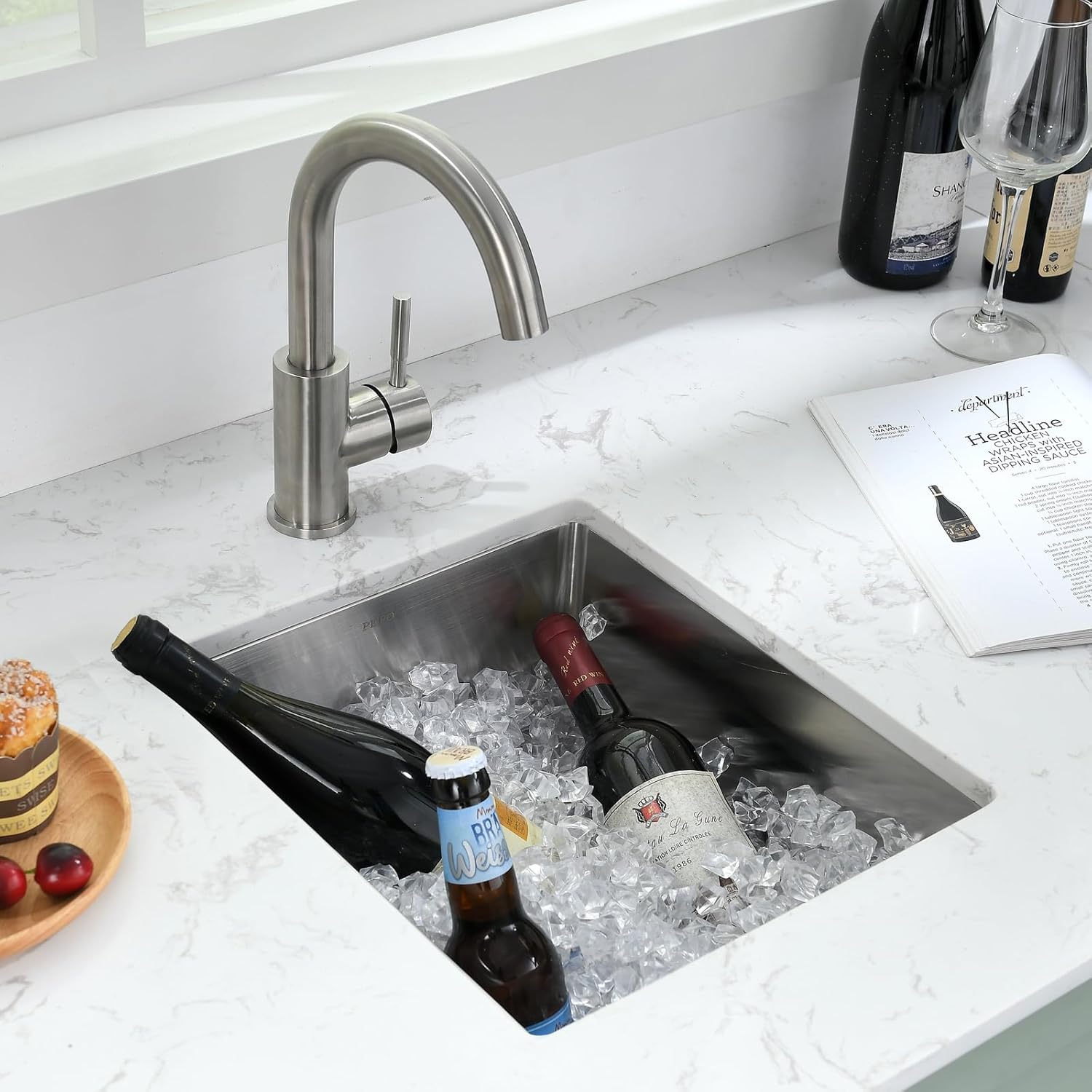 Bar Sink - PEPO 13 x 15 Inch Undermount Kitchen Sink, 16 Gauge Stainless Steel Single Bowl Small Kitchen Sinks, High-end Handmade Square RV, Bar, Outdoor