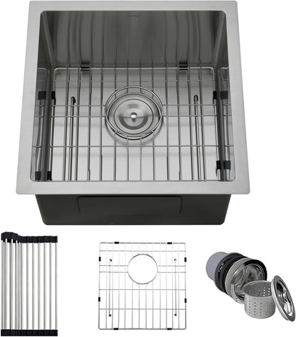 18 Inch Bar Undermount Kitchen Sink - PEPO 18"x18"x9" Undermount Stainless Steel Kitchen Sinks 16 Gauge Single Bowl with Bottom Grid & Drain