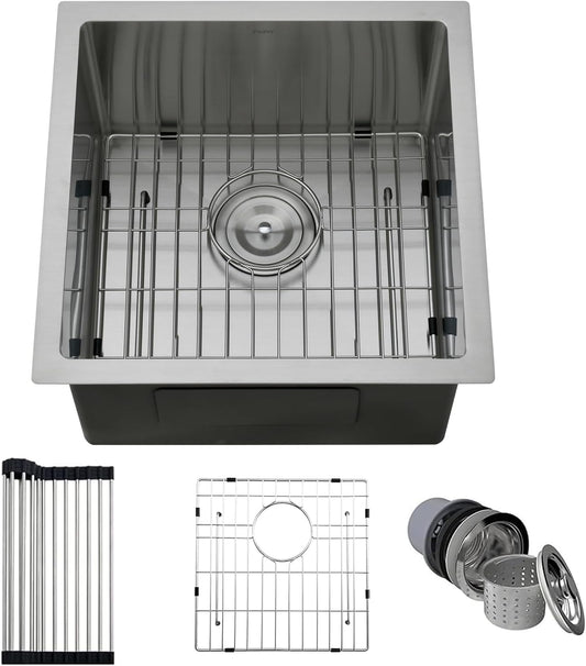 18 Inch Bar Undermount Kitchen Sink - PEPO 18"x18"x9" Undermount Stainless Steel Kitchen Sinks 16 Gauge Single Bowl with Bottom Grid & Drain