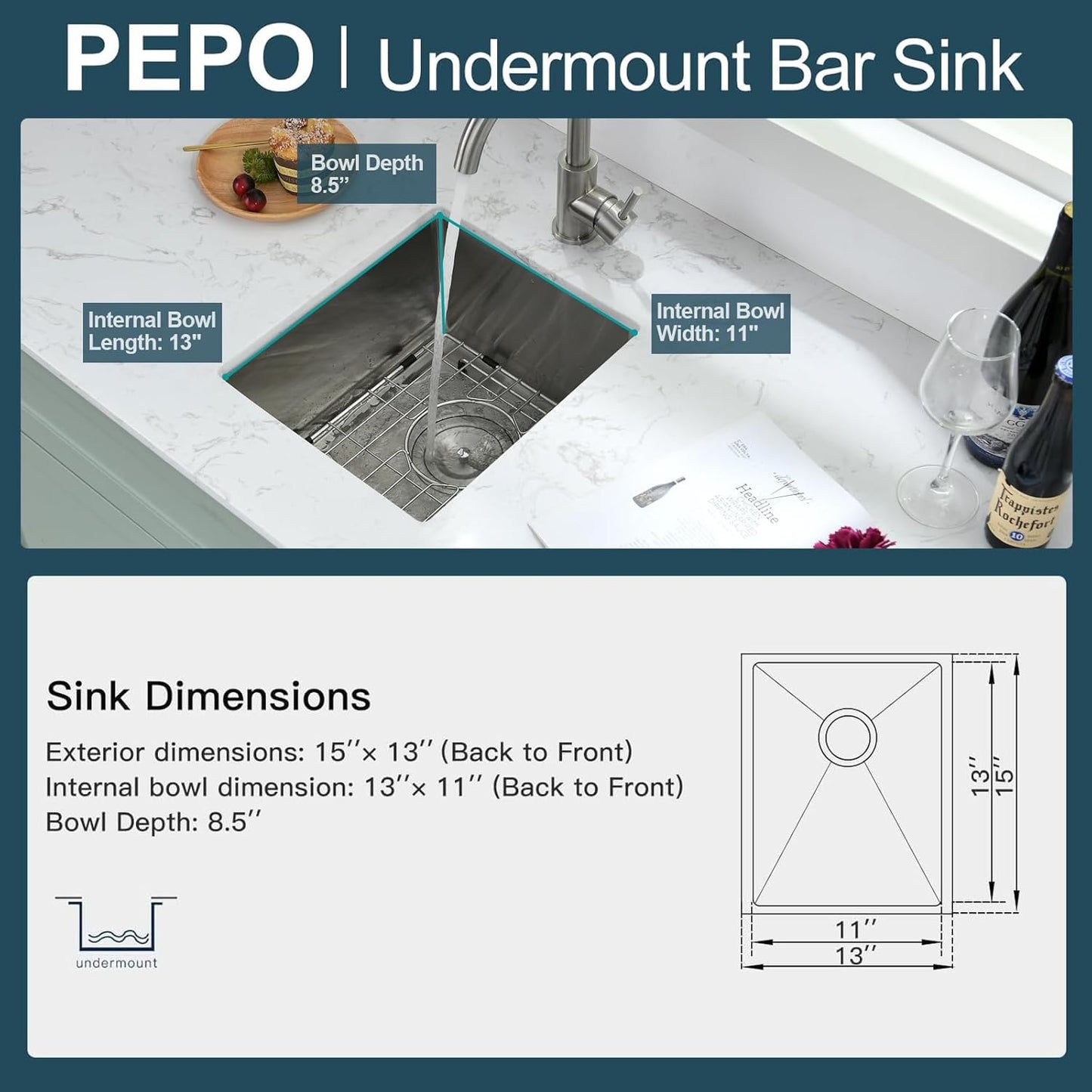 Bar Sink - PEPO 13 x 15 Inch Undermount Kitchen Sink, 16 Gauge Stainless Steel Single Bowl Small Kitchen Sinks, High-end Handmade Square RV, Bar, Outdoor