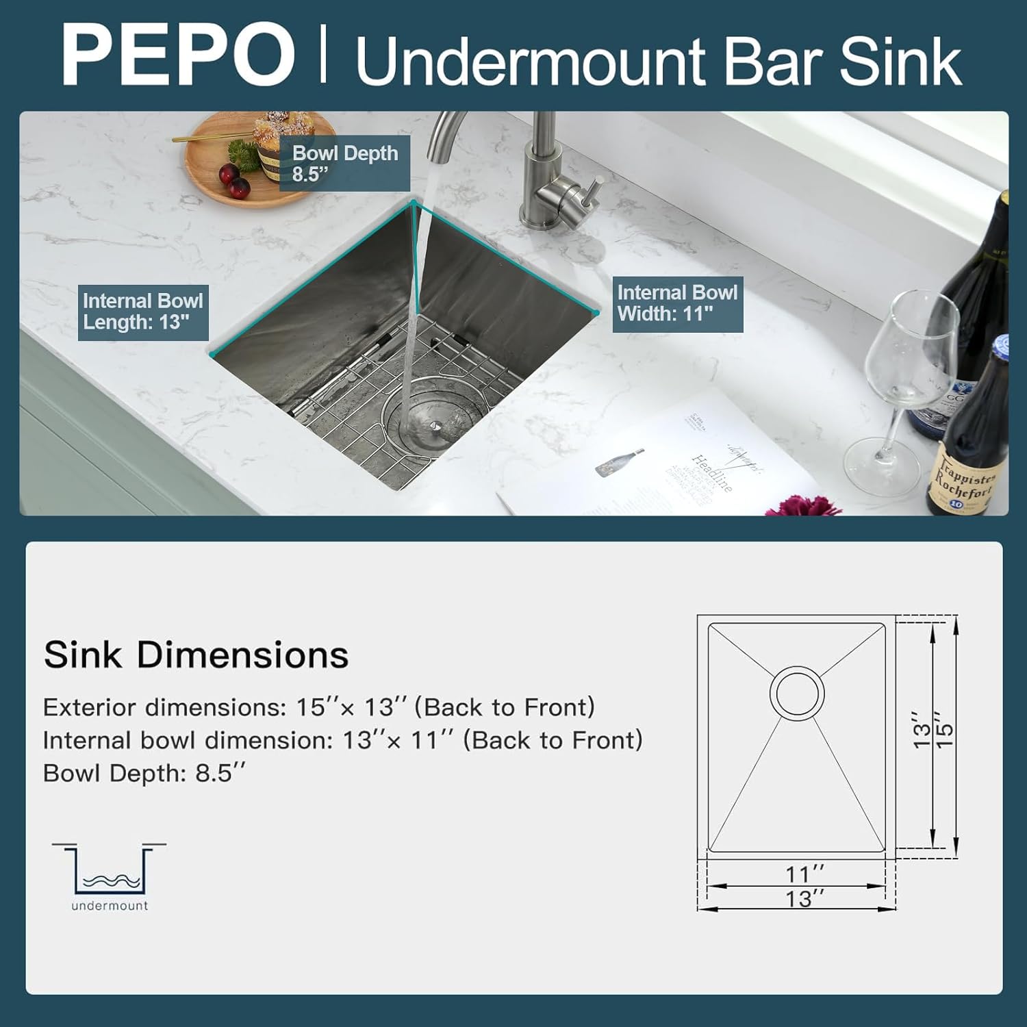 Bar Sink - PEPO 13 x 15 Inch Undermount Kitchen Sink, 16 Gauge Stainless Steel Single Bowl Small Kitchen Sinks, High-end Handmade Square RV, Bar, Outdoor