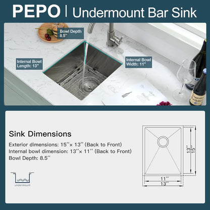 Bar Sink - PEPO 13 x 15 Inch Undermount Kitchen Sink, 16 Gauge Stainless Steel Single Bowl Small Kitchen Sinks, High-end Handmade Square RV, Bar, Outdoor