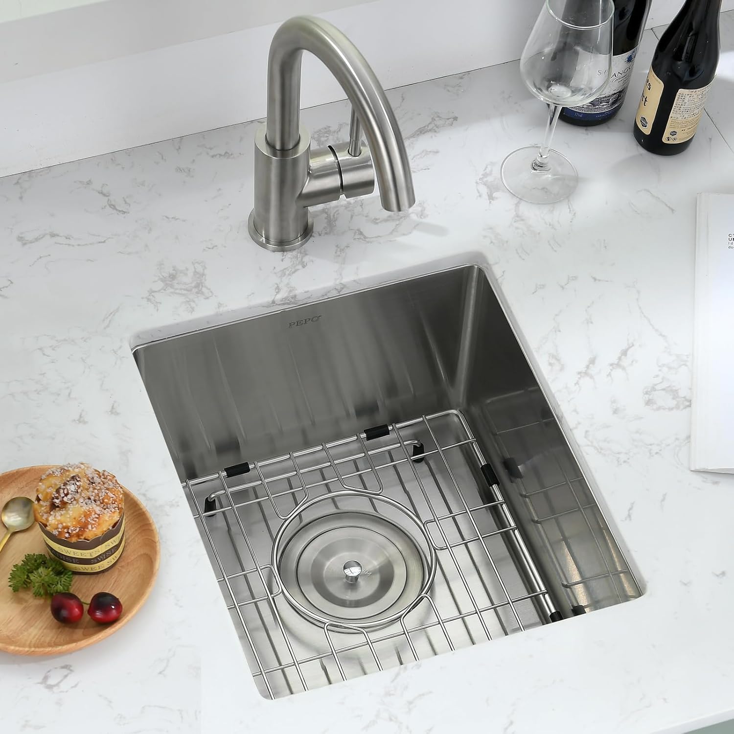 Bar Sink - PEPO 13 x 15 Inch Undermount Kitchen Sink, 16 Gauge Stainless Steel Single Bowl Small Kitchen Sinks, High-end Handmade Square RV, Bar, Outdoor